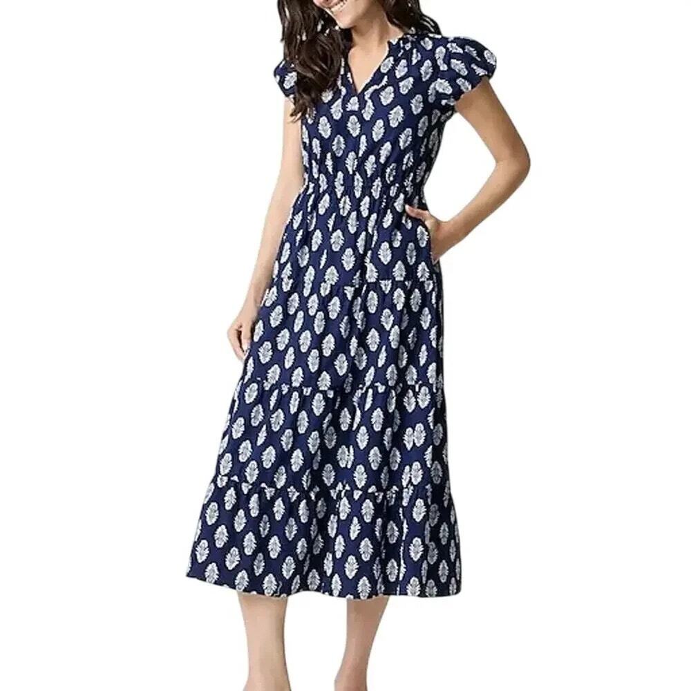 J. Crew Navy Blue Midi Dress with White Paisley Print